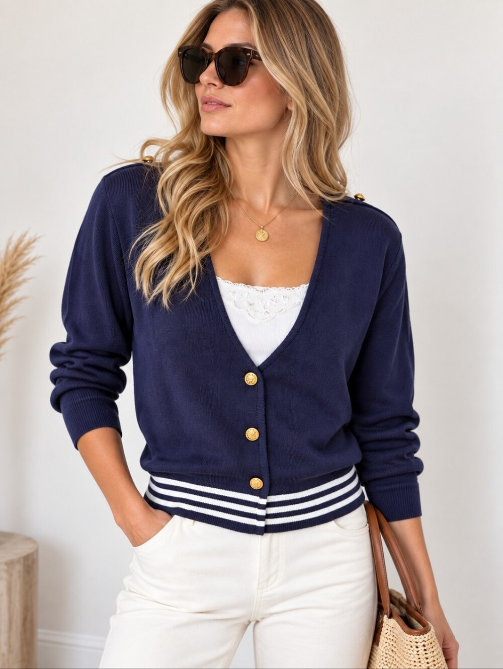 Vintage Woman's Nautical Navy Sweater Gold Crest Buttons Retro Size M